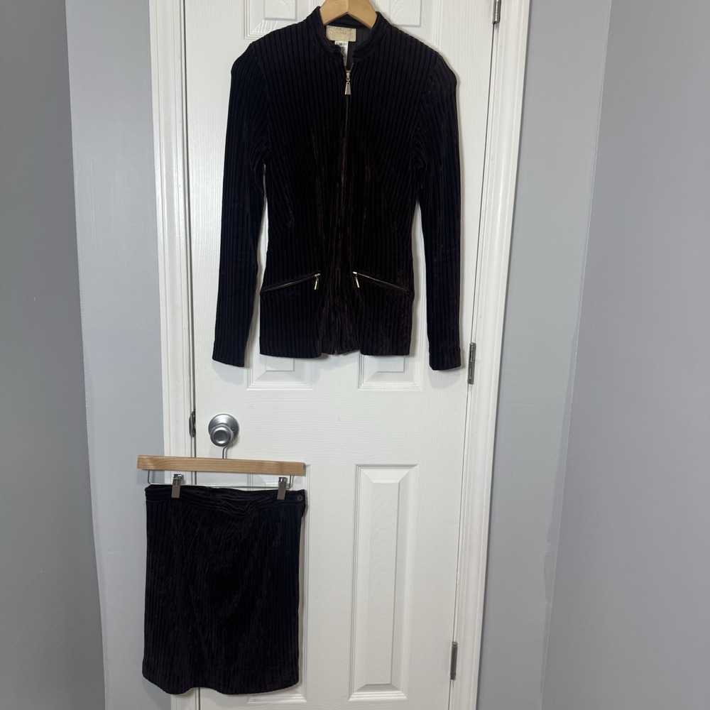 Alberto Makali Skirt Suit Set Women's Size M Brown Velvet Blazer & Skirt Y2K VTG